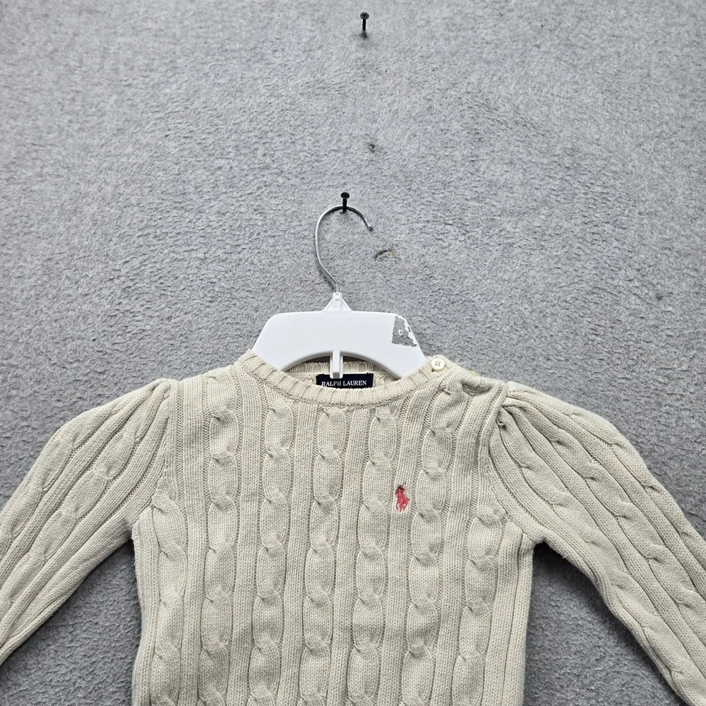 Ralph Lauren Toddler Sweater 24M Beige Embroidered Cable Knit Pony Logo